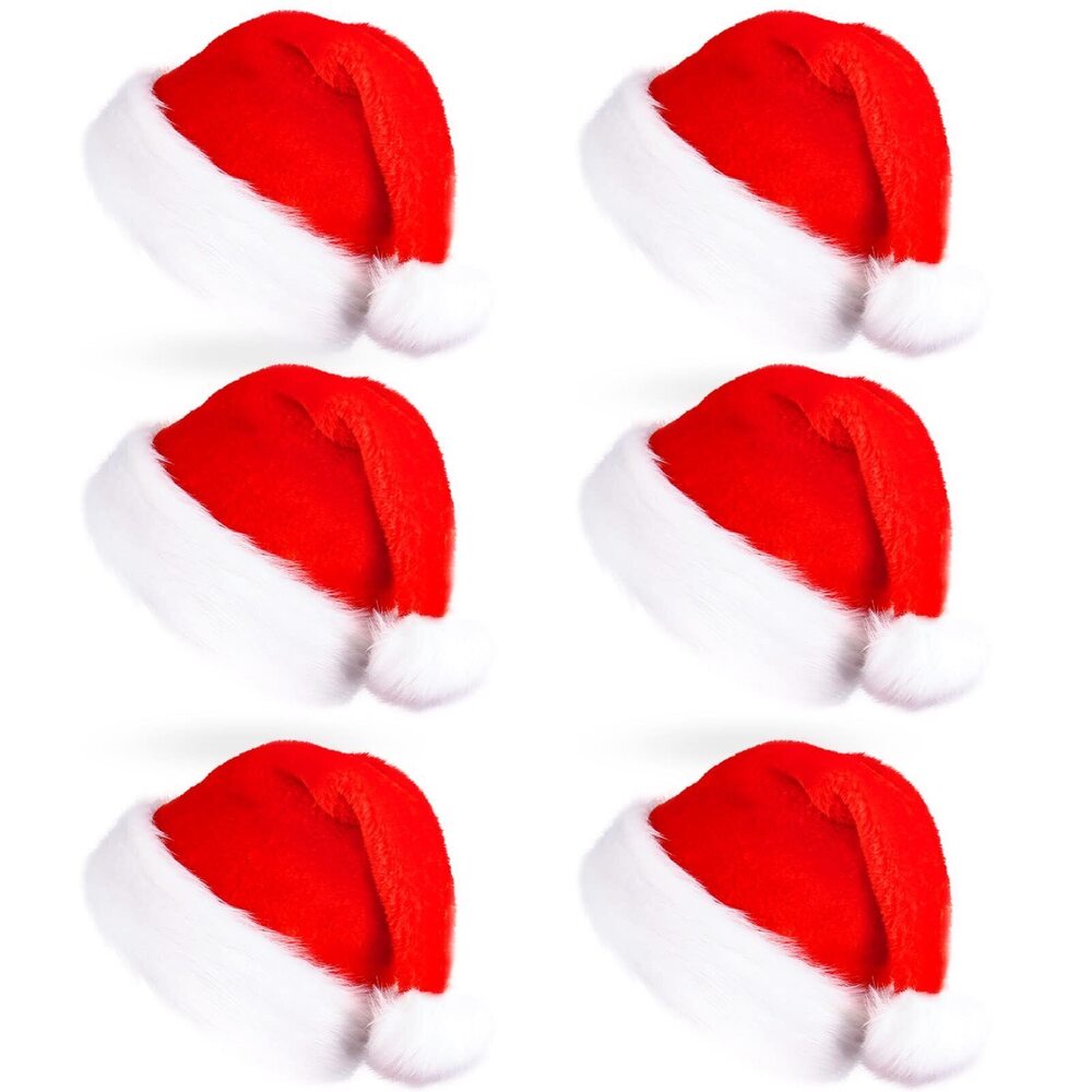 4431 Set of 6 Christmas Hat for Adult 6 Pack Plush Christmas Hat Red
